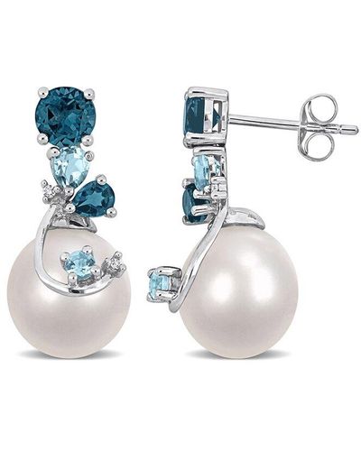 Rina Limor Silver 1.98 Ct. Tw. Diamond & London Blue Topaz 9-10mm Pearl Earrings - White