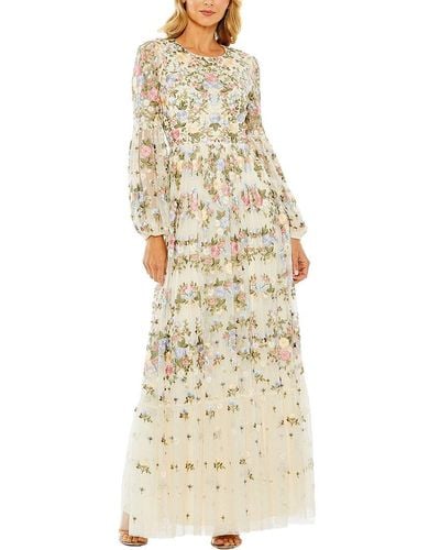 Mac Duggal High Neck Floral Embroidered Puff Sleeve Gown - Metallic
