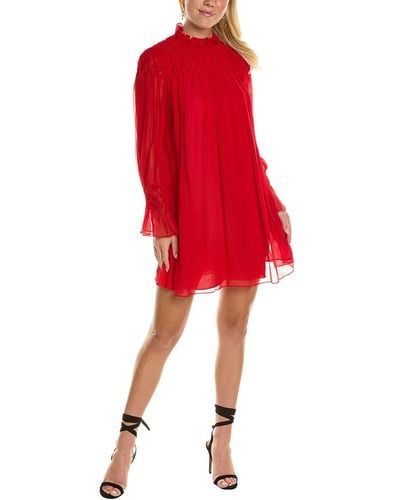 Rebecca Taylor Diamond Smocked Mock Neck Silk Mini Dress - Red
