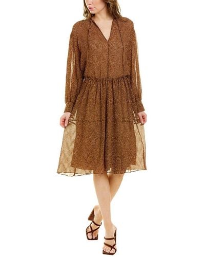 Vince Starry Dot Long Sleeve Shirred Dress - Brown