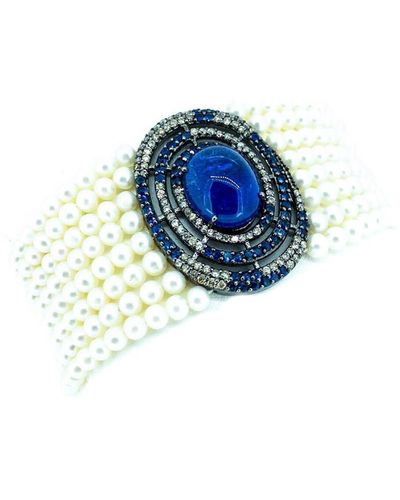 Arthur Marder Fine Jewelry Silver 4.00 Ct. Tw. Diamond, Gemstone, & 3-4mm Pearl Bracelet - Blue