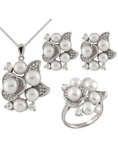 Splendid Silver 3-5mm Pearl Cz Pendant, Earrings, And Ring Set - Metallic