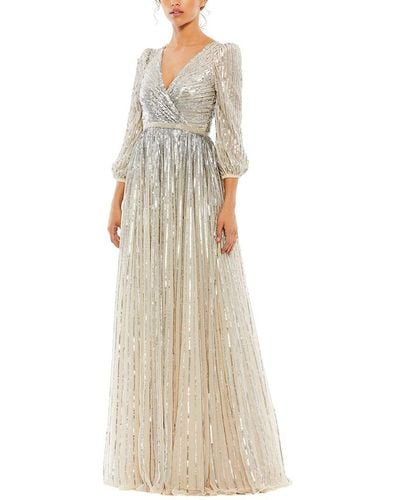 Mac Duggal Sequined Wrap Over 3/4 Sleeve Gown - White