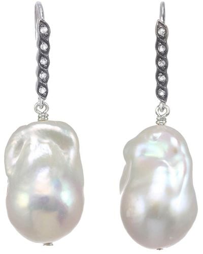 Margo Morrison New York Silver White Sapphire & 13-15mm Pearl Drop Earrings