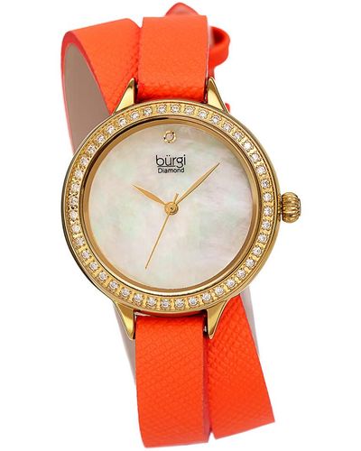 Burgi Burgi Safiano Pattern Genuine Leather Double Wrap Strap Diamond Watch - Orange