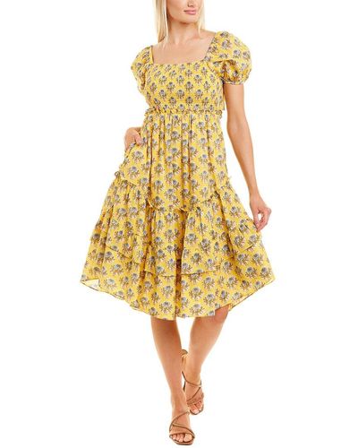CELINA MOON Smocked Midi Dress - Yellow