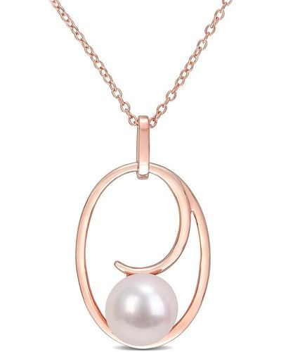 Pearls Silver 9-9.5mm Freshwater Pearl Oval Drop Pendant Necklace - Pink