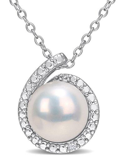 Rina Limor Silver 0.01 Ct. Tw. Diamond 8-8.5mm Pearl Halo Necklace - White