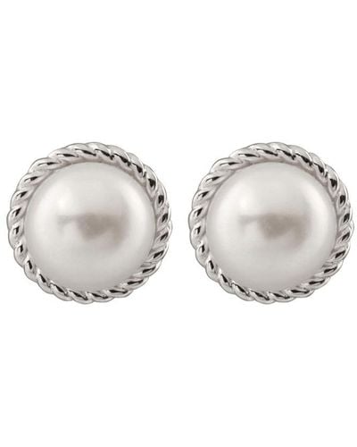 Splendid Rhodium Plated Silver 8-8.5mm Pearl Drop Earrings - Gray