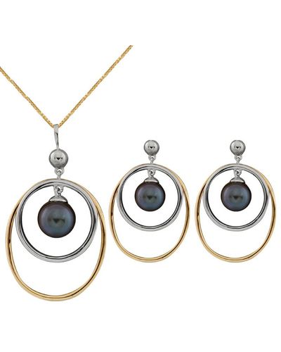 Splendid 10k Two-tone 7-7.5mm Pearl Necklace & Earrings Set - Metallic