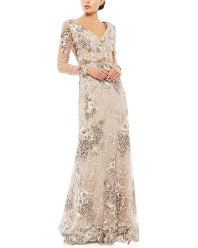 Mac Duggal Embellished V Neck Illusion Gown - Natural