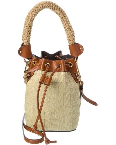 Fendi Mon Tresor Mini Ff Raffia & Leather Bucket Bag - Natural