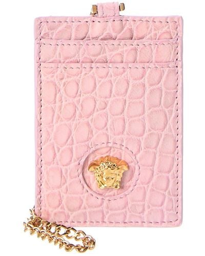 Versace La Medusa Croc-embossed Leather Card Holder On Chain - Pink