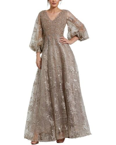 Mac Duggal Embellished Plunge Neck Puff Sleeve A-line Gown - Brown