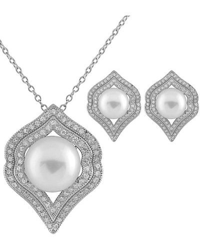 Splendid Rhodium Plated Silver 7-10.5mm Freshwater Pearl Drop Earrings & Necklace Set - Metallic