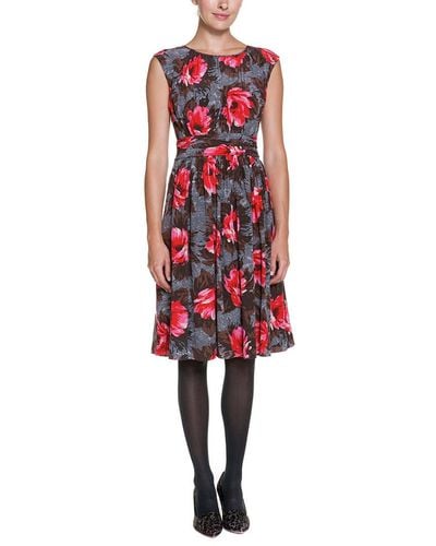 Boden Selina Gray & Red Floral Print Ruched Midi Dress