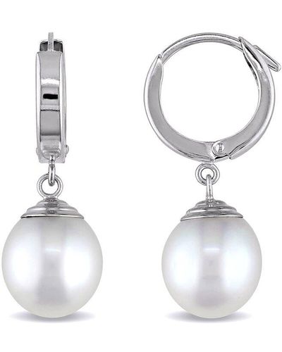 Pearls 14k 9-10mm Pearl Drop Hoops - White