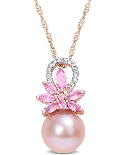 Rina Limor 14k Rose Gold 1.01 Ct. Tw. Diamond & Pink Sapphire 9.5-10mm Pearl Flower Pendant Necklace