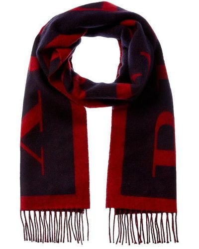 Burberry Logo Fringed Cashmere & Wool-blend Scarf - Red
