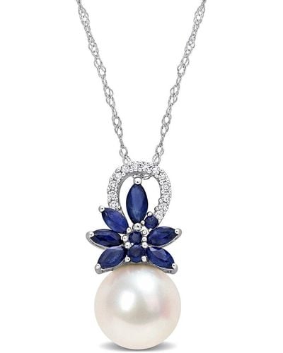 Rina Limor 14k 0.90 Ct. Tw. Diamond & Sapphire 9.5-10mm Pearl Flower Pendant Necklace - Multicolor
