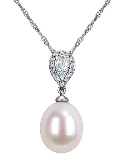 Rina Limor 10k 0.25 Ct. Tw. Diamond, Aquamarine, & 9-9.5mm Pearl Pendant Necklace - White