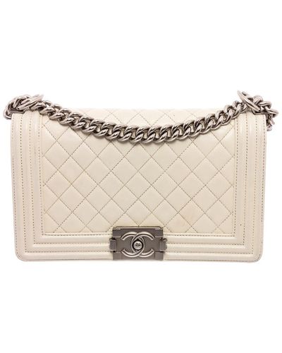 Chanel White Quilted Lambskin Leather Single Flap Boy Bag - Multicolor