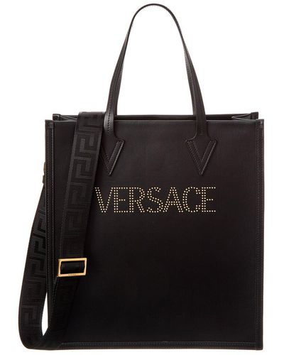 Versace Logo Print Leather Tote - Black