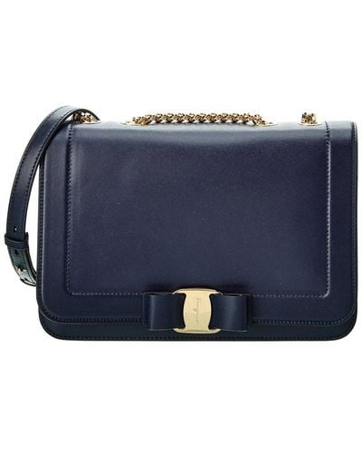 Ferragamo Ferragamo Vara Bow Front Flap Leather Shoulder Bag - Blue