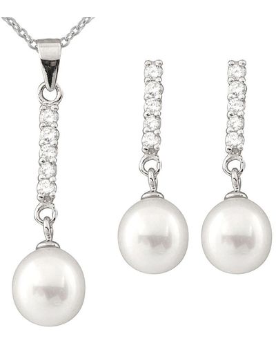 Splendid Rhodium Plated Silver 8-9mm Freshwater Pearl & Cz Drop Earrings & Necklace Set - White