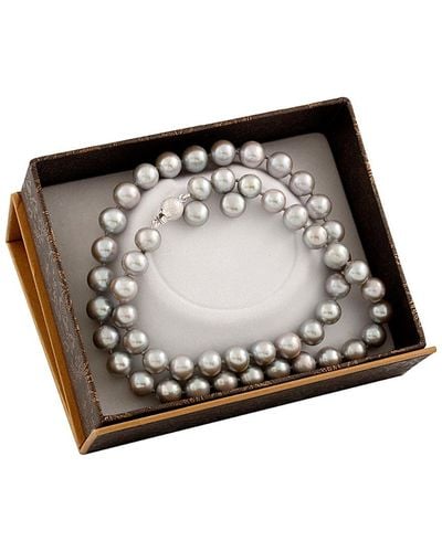 Splendid Rhodium Plated Silver 7.5-8mm Freshwater Pearl Earrings & Necklace Set - Black