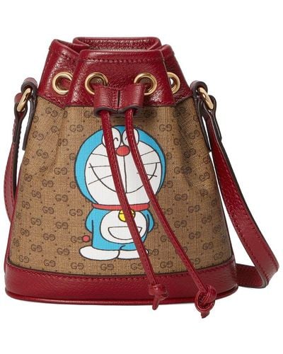Gucci Doraemon Printed Coated Canvas & Leather Bucket Bag - Red