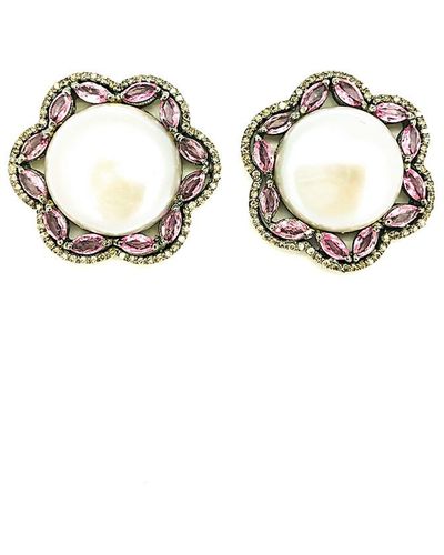 Arthur Marder Fine Jewelry Silver 4.18 Ct. Tw. Diamond, Pink Sapphire, & 16mm Pearl Earrings - Metallic
