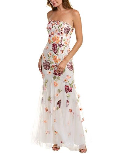 Marchesa Floral-appliqué Strapless Gown - White