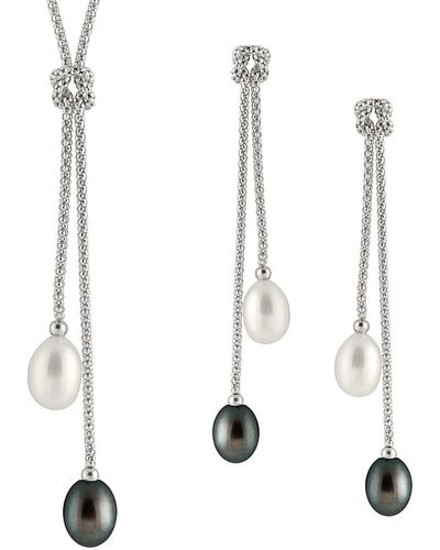 Splendid Rhodium Plated Silver 7-8mm Freshwater Pearl Necklace & Earrings Set - White