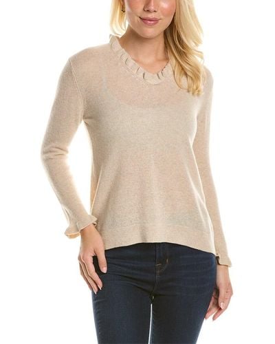 Hannah Rose Ruffle V-neck Cashmere Sweater - Natural