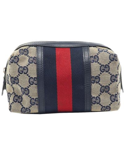 Gucci Canvas & Leather Web Cosmetic Pouch (Authentic Pre-Owned) - Grey
