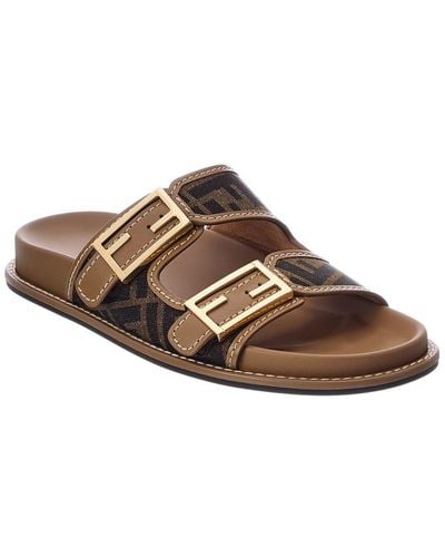 Fendi Logo Canvas Flat Sandals - Brown