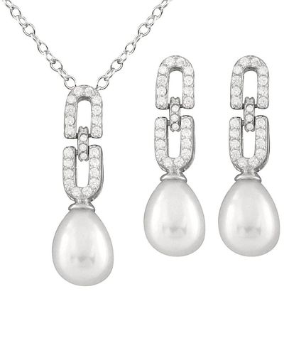 Splendid Rhodium Plated Silver 7.5-8mm Freshwater Pearl & Cz Drop Earrings & Necklace Set - White