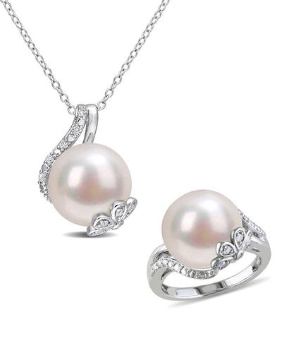 Rina Limor Silver 0.15 Ct. Tw. Diamond 12-12.5mm Pearl Jewelry Set - Metallic