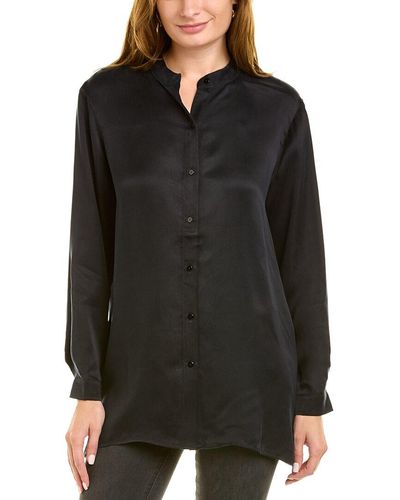 Eileen Fisher Sandwashed Mandarin Collar Boxy Shirt - Black