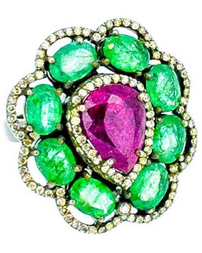 Arthur Marder Fine Jewelry Silver 6.50 Ct. Tw. Diamond & Gemstone Ring - Green