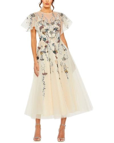 Mac Duggal Flutter Sleeve High Neck Embellished Floral Dress - Natural