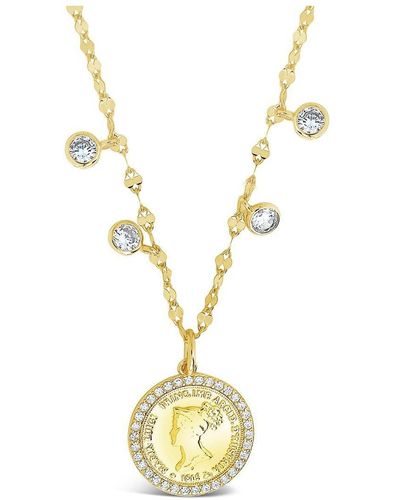 Sterling Forever 14k Over Silver Cz Coin Medallion & Charm Necklace - Metallic