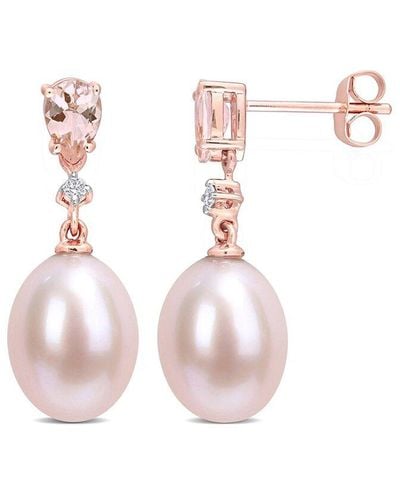 Rina Limor 10k Rose Gold 0.84 Ct. Tw. Diamond & Morganite 9-9.5mm Pearl Earrings - Pink
