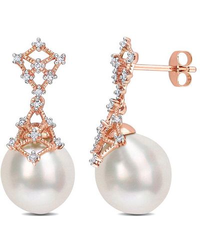 Rina Limor Contemporary Pearls 14k Rose Gold 0.14 Ct. Tw. Diamond 9-10mm Pearl Filigree Drop Earrings - Multicolor
