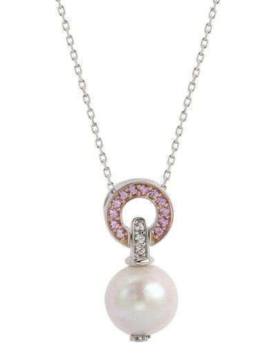 Suzy Levian Silver Sapphire Pearl Circle Pendant Necklace - White
