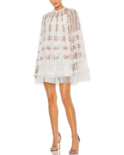 Mac Duggal Embroidered Long Flare Sleeve Mesh A-line Dress - White