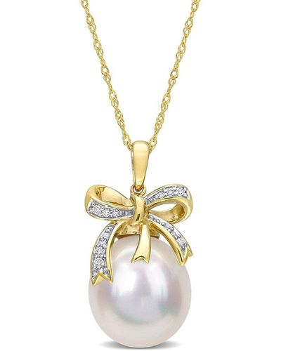 Rina Limor 10k 0.08 Ct. Tw. Diamond 12-12.5mm Pearl Bow Pendant Necklace - Metallic