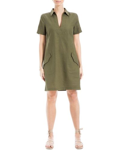 Max Studio Collar V-neck Linen-blend Short Dress - Green