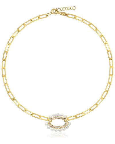 Gabi Rielle Gold Over Silver 2mm Pearl Cz Oval Link Choker Necklace - Metallic